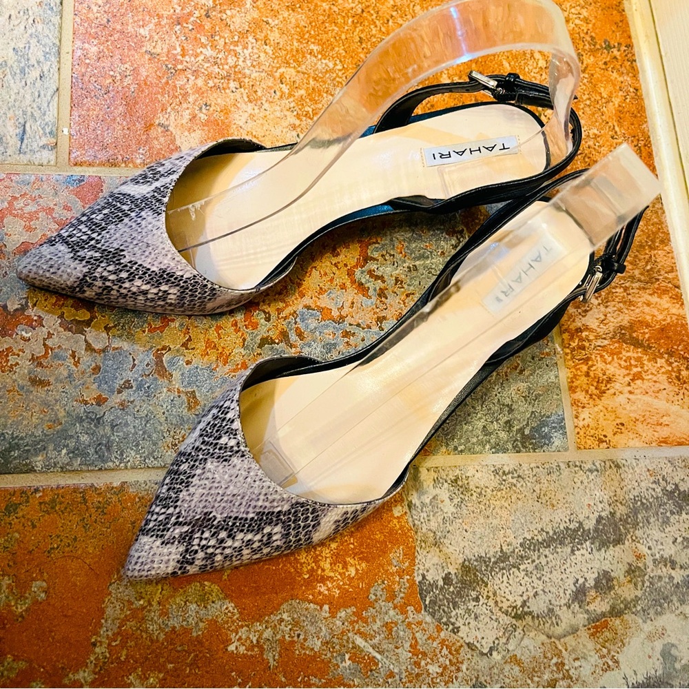 🎶 NWOB! Fabulous Tahari Snakeprint Black&Cream, Pointed, Slingback Kitten Heels!